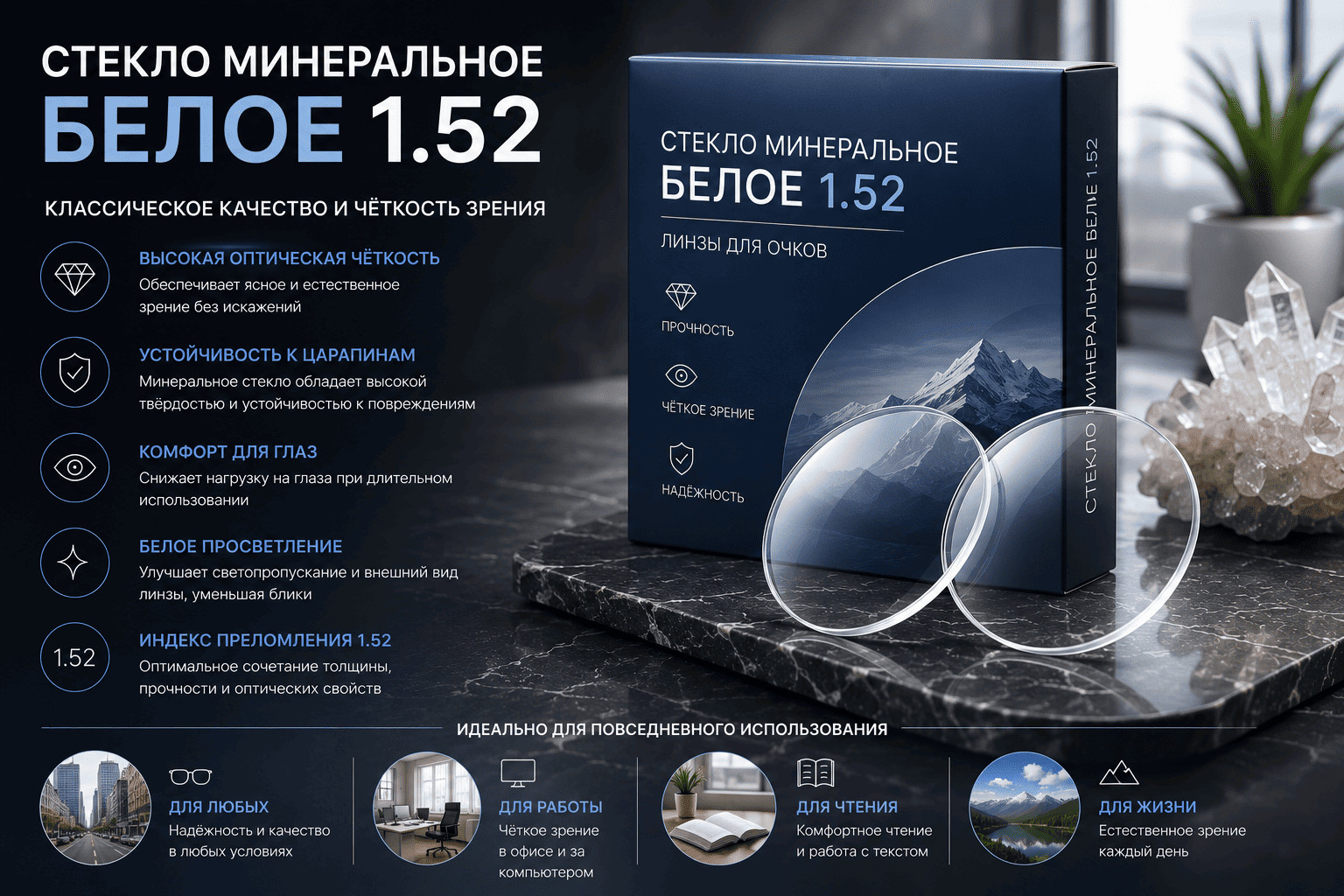 Стекло минеральное белое 1.52