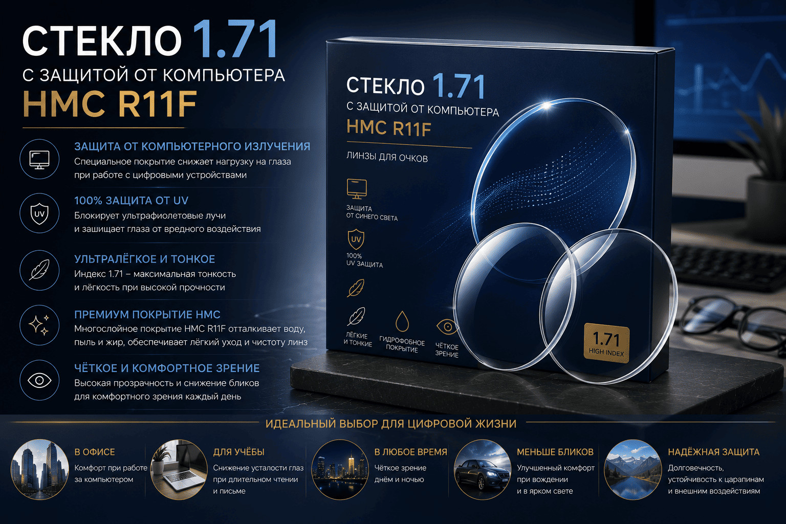 Стекло 1.71 с защитой от компьютера HMC R11F — Защита UV400