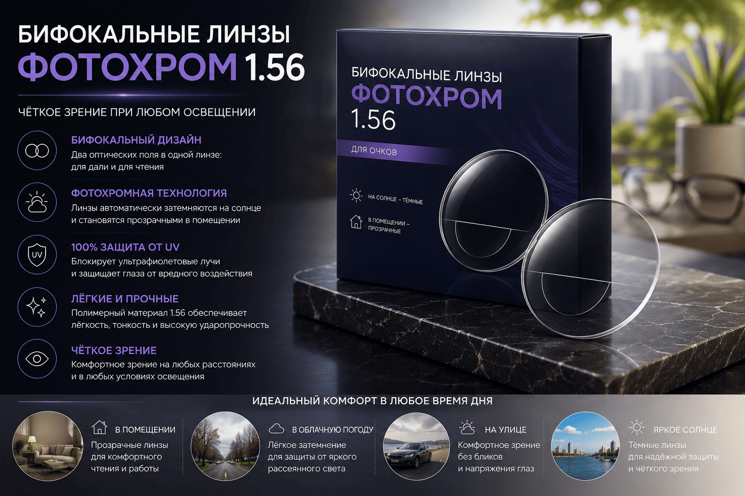 Бифокальные линзы фотохром 1.56 — НМС GREEN защита UV420