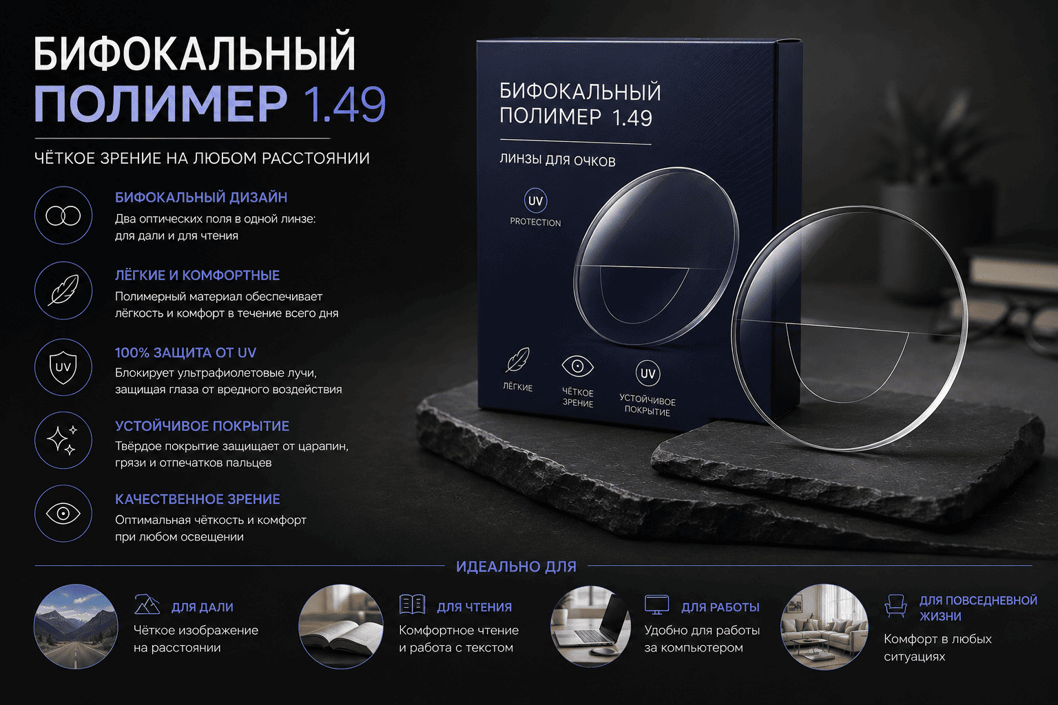 Бифокальный полимер 1.49 — Тонировка от мастера сплошная