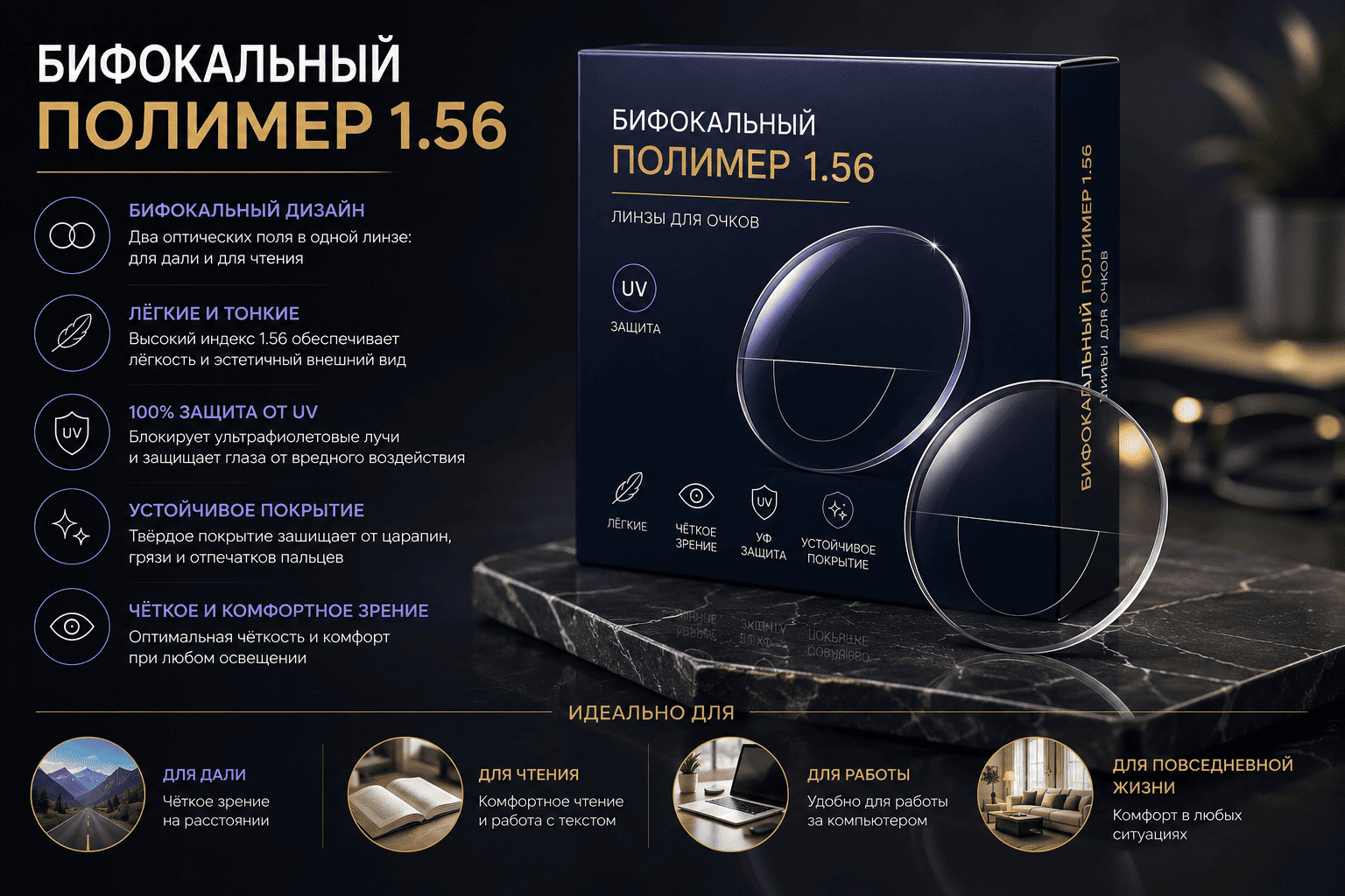 Бифокальный полимер 1.56 — НМС GREEN защита UV420